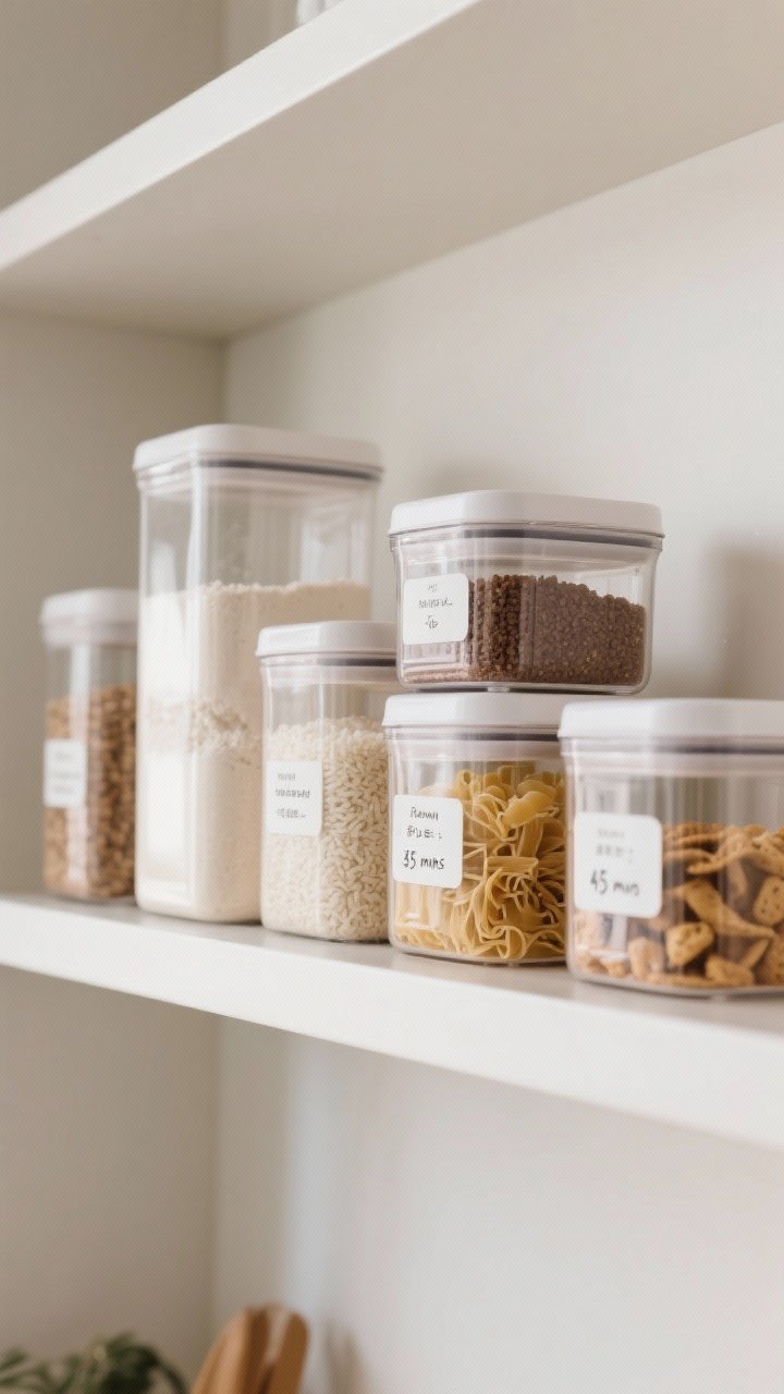 Medium-close shot of open shelving with decanted dry goods: a starter set of 4–6 airtight canisters in mixed tall and short sizes holding flour, rice, pasta, and snacks; simple labels with helpful notes (e.g., brown rice: 45 mins); containers stacked and aligned for space-saving; calm, minimalist chef vibe with reduced visual noise; soft natural light enhancing clear lids and matte white walls.