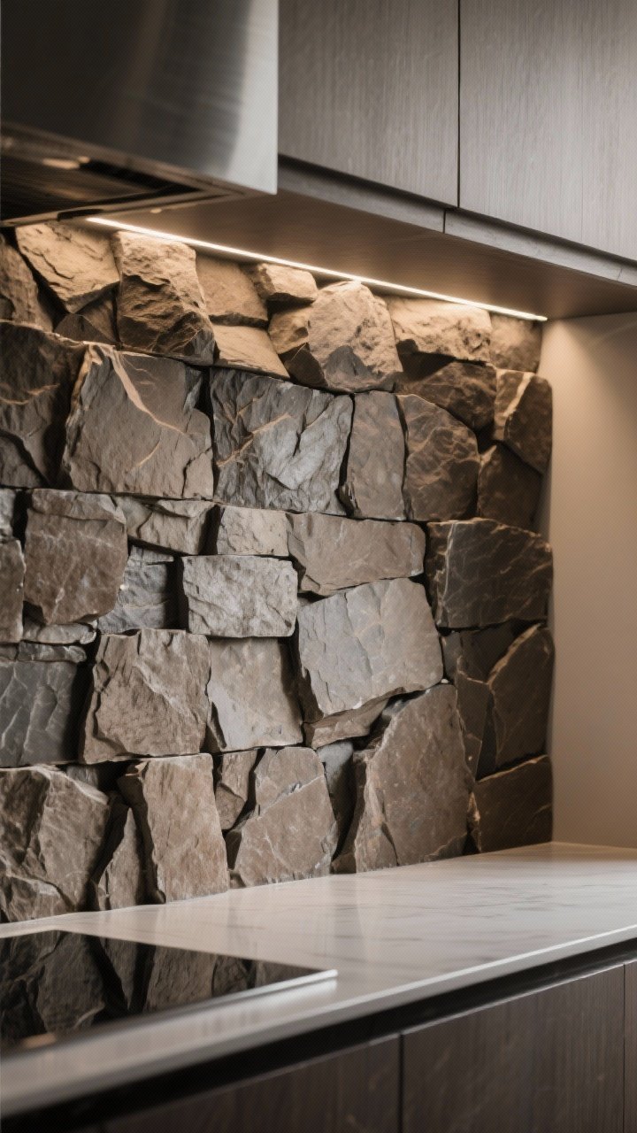 Medium closeup: Stacked stone split-face tile backsplash with rugged, high-relief texture in an earthy monochrome palette; thorough sealing evident by a soft sheen, under-cabinet LED lighting accentuates deep shadows and dimension, set against sleek modern countertops for dramatic contrast.