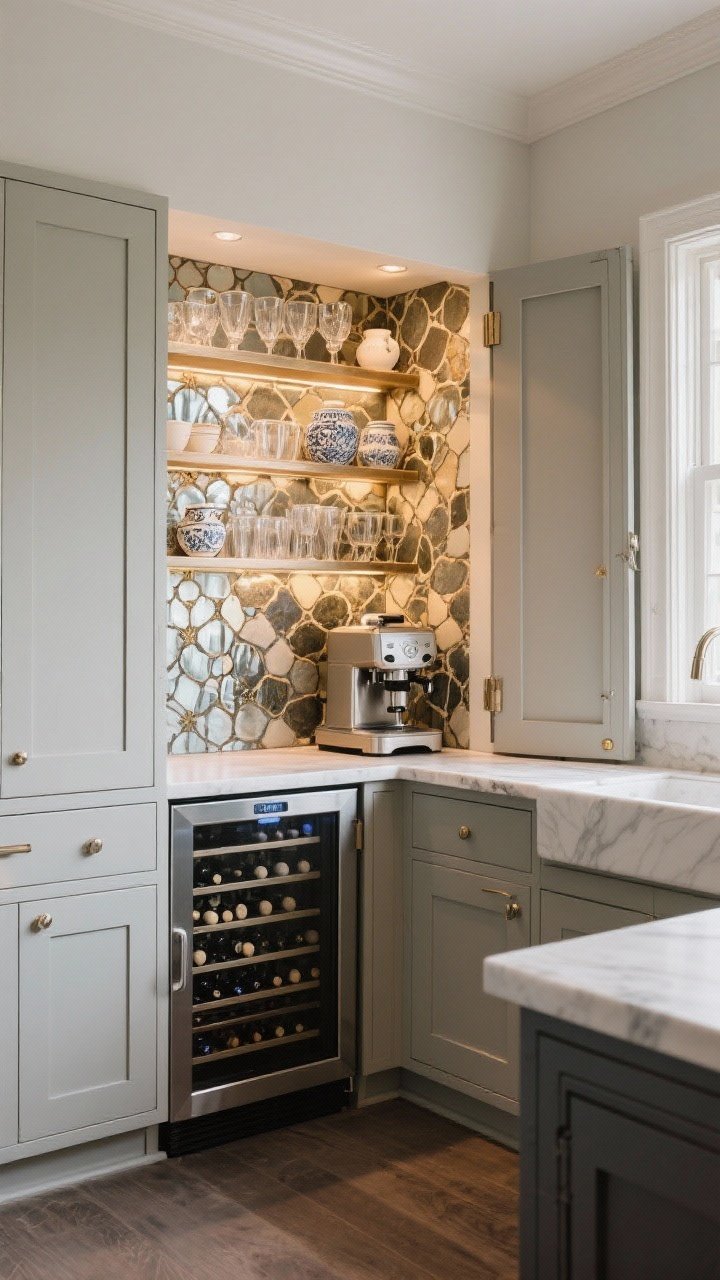 Medium corner angle: A chic butler’s pantry/beverage nook—36-inch cabinet run converted into a coffee bar with pocket doors slid open, interior lighting glowing on curated open shelving of glassware and ceramics; under-counter wine cooler, a bold statement backsplash in patterned stone or antique mirror tile, and a small espresso setup; boutique-style display, photorealistic.