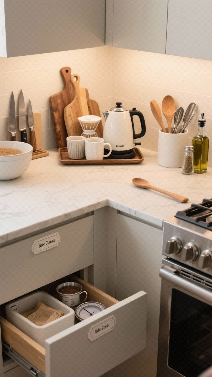 Medium, corner angle capturing micro-zones: a coffee/tea nook with mugs, filters, sugar, and an electric kettle grouped on a tray; a prep zone near the main counter with cutting boards, knives, and mixing bowls; a cooking zone near the stove with oils, salt, pepper, tongs, and a wooden spoon within reach; a labeled drawer bin for bake zone items (measuring cups, scale, baking powder, parchment). Neutral tones, subtle label tags, warm ambient lighting.