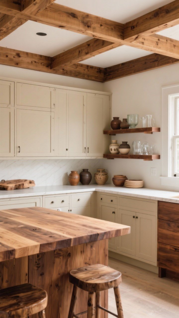 Medium corner angle highlighting beige plus rich wood: matte beige perimeter cabinets paired with walnut open shelving styled with pottery and glassware, a butcher-block island top for an artisan note, and coordinating wood ceiling beams; consistent wood tones with warm oak/walnut character; soft, warm daylight for an inviting feel.