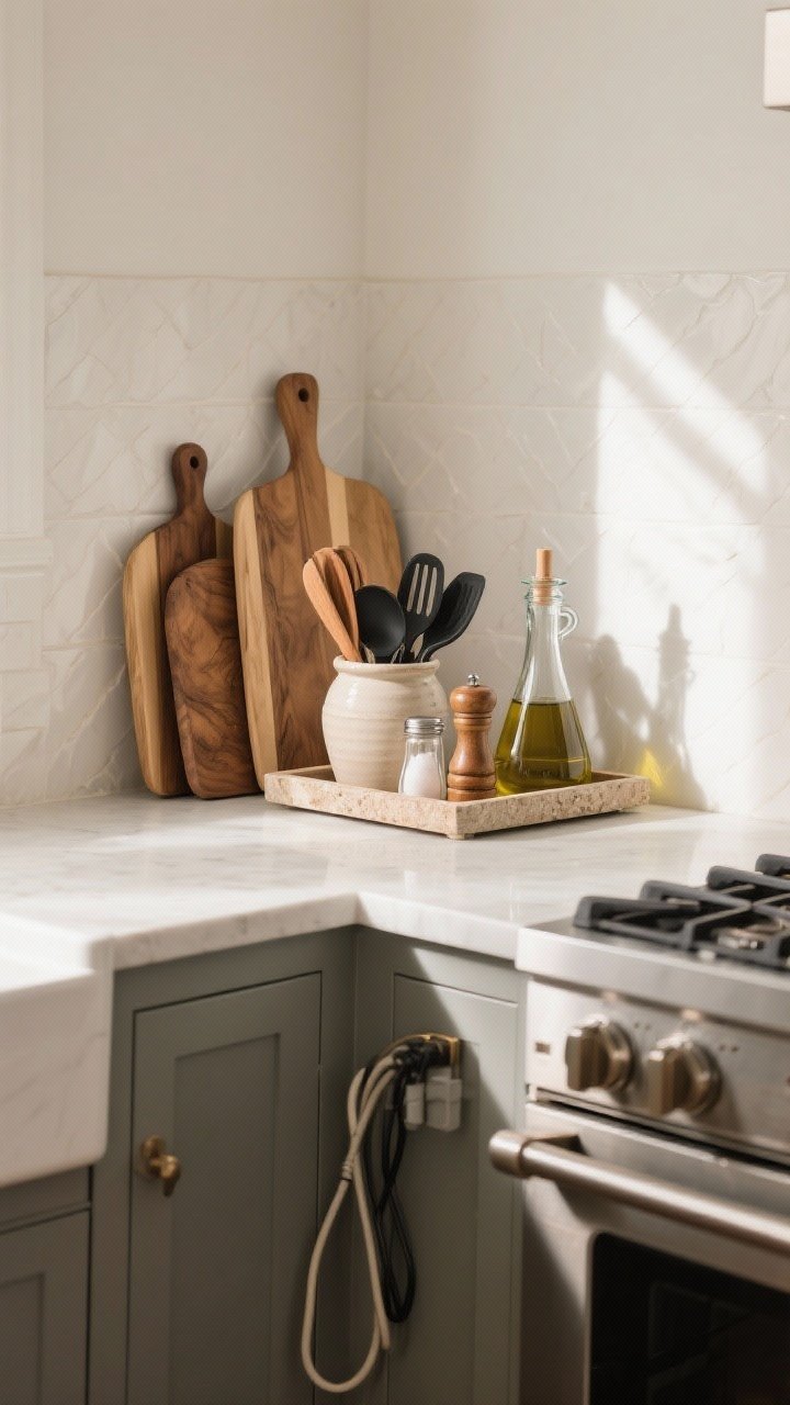 Medium corner angle of a functional, photogenic countertop work zone: a ceramic crock holding wood and matte black utensils, a salt cellar and pepper mill beside the stove, a trio of wood cutting boards leaning against a light backsplash for texture, and a glass olive oil decanter—no branded bottles. Items grouped on a single wood or stone tray to prevent sprawl, hidden appliance cords tucked under cabinets. Color story: wood + white + glass. Warm afternoon light with gentle shadows.