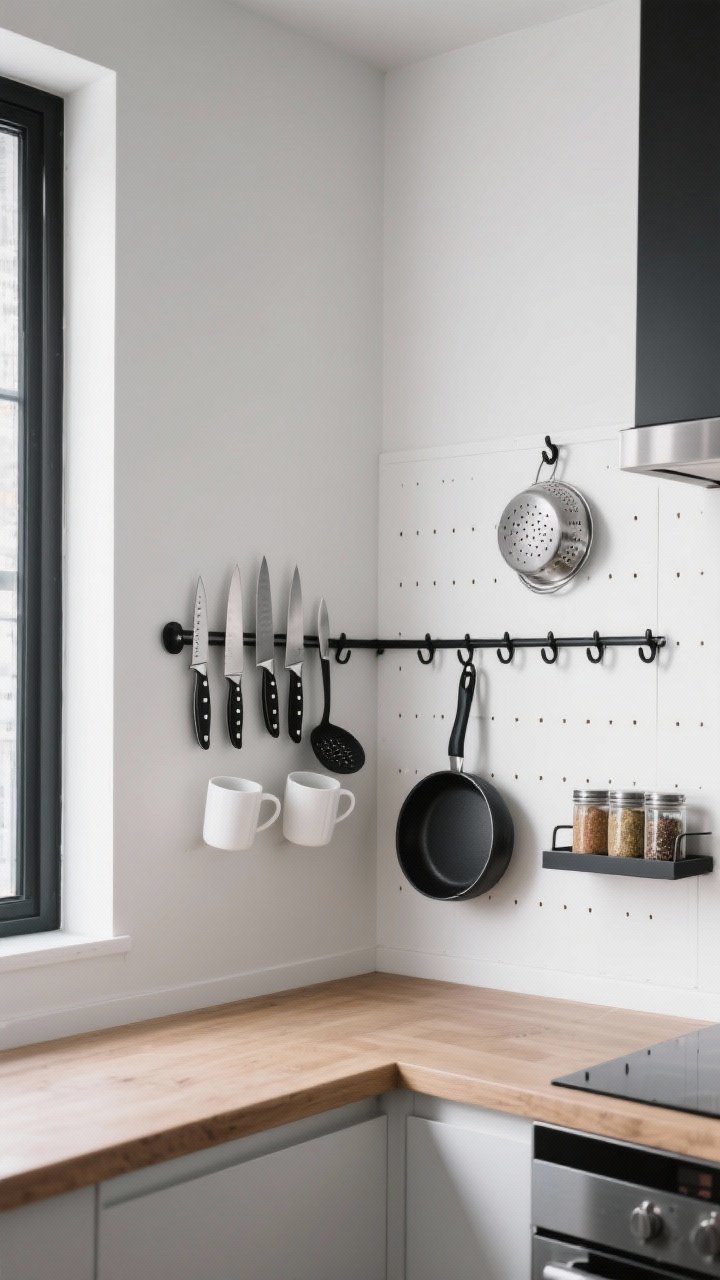 Medium corner angle of a kitchen wall with vertical storage: a stainless magnetic knife strip holding a curated set of knives, a matte black rail with matching hooks for ladles, spatulas, and two white mugs, and a white pegboard panel with evenly spaced hooks for a skillet, colander, and a small shelf of uniform spice jars; restrained color palette (black, white, wood), minimal visual noise, diffused daylight.