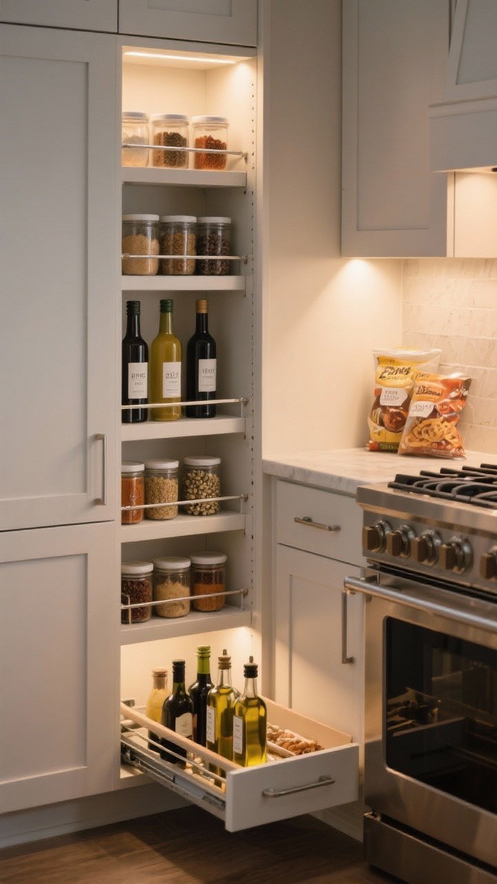 Medium corner-angle shot of slim pull-out pantries: one vertical spice pull-out 6–12 inches wide next to the range showing decanted spices in matching jars with minimal labels; a tall pantry pull-out with adjustable shelves and railings holding upright bottles and snacks; a base cabinet pull-out near the cooktop with oils and vinegars; warm task lighting highlighting the organization.