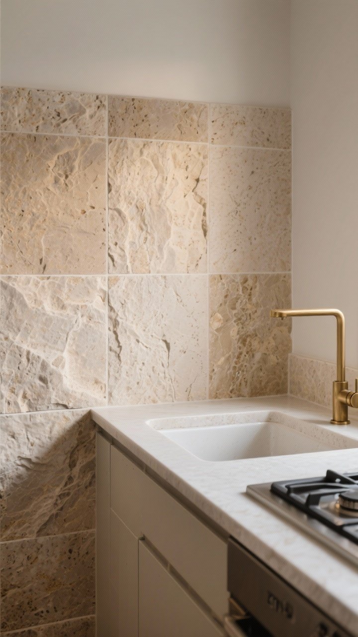 Medium, corner-angle shot of textured porcelain tiles mimicking limestone, with stone-like grain and movement in warm beige and mushroom; honed-look, soft finish minimizing glare; subtle 3D texture used along a sink run (away from cooktop); edge trim (schluter) matched to a brushed brass faucet; balanced natural and task lighting; photorealistic, no people.