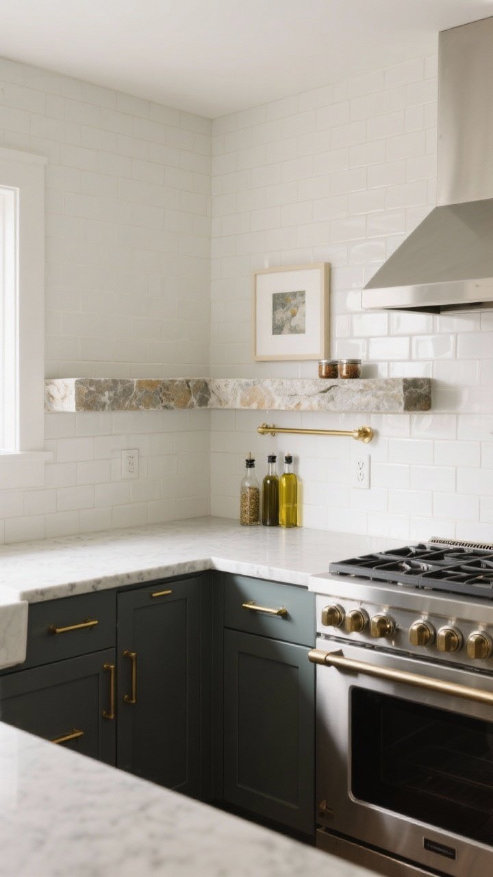 Medium corner angle showing mixed materials: a field of satin-finish ceramic tile in soft white paired with a thin stone picture ledge integrated mid-height across the backsplash, plus a stainless panel directly behind the range for a pro-kitchen moment, brass shelf rail matching brass cabinet hardware for consistency, neutral quartz counters, controlled natural light for depth and contrast, small oils and spices curated on the ledge