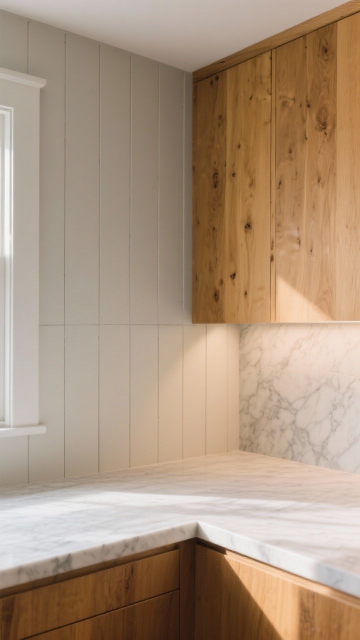 Medium corner angle: vertical shiplap backsplash painted a soft greige echoing warm counter undertones, running to standard backsplash height for a clean line; adjacent section shows wood-toned honey shiplap warming a cool marble countertop; sealed with scrubbable finish; subtle texture and shadow lines from gentle side lighting, photorealistic.