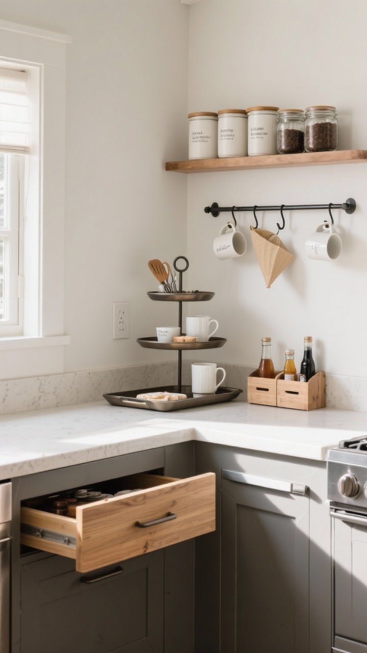 Medium corner vignette of a dedicated breakfast/baking station in an awkward nook: a tray corrals essentials, a tiered stand lifts tools off the counter, a slim wall shelf holds jars; choose the coffee setup—canisters labeled, mugs on hooks, filters tucked in a drawer, syrups in a small caddy; neutral counters with wood and matte metal accents; bright morning light; mood: custom-curated, efficient