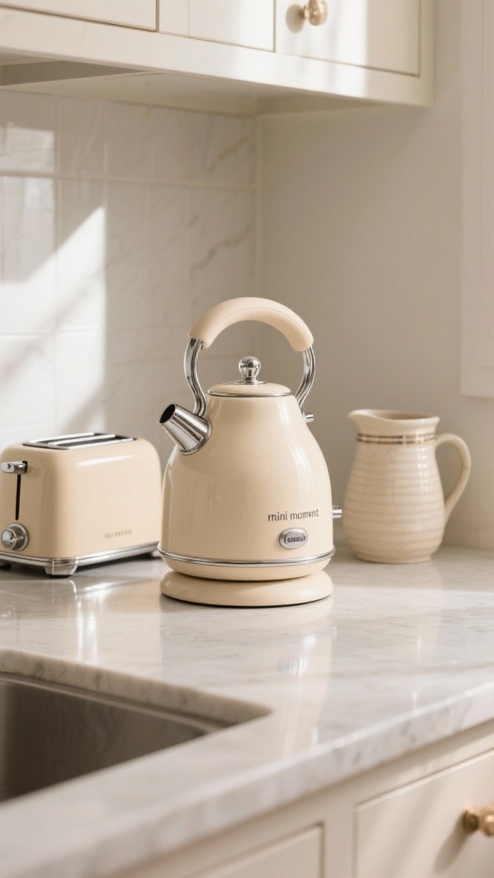 Medium countertop hero vignette: a statement beige electric kettle with retro curves and chrome accents as the focal point; compact scale maintains calm surfaces; nearby a matching beige toaster is absent to avoid clutter, or placed subtly secondary; metal accents coordinated; positioned beside a chic canister or ceramic pitcher to create a “mini moment”; bright morning light, soft reflections.