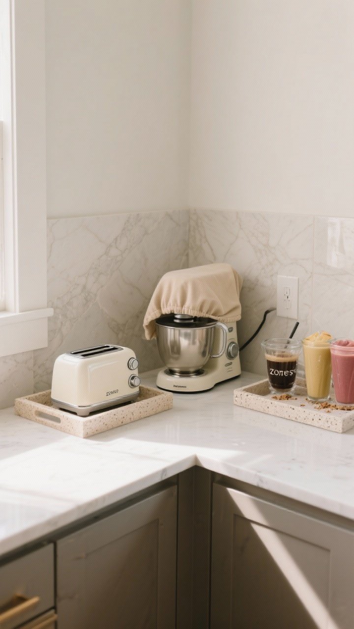 Medium countertop styling zone, corner angle: small appliances feel intentional—beige fabric cover over a stand mixer; a compact toaster sits on a beige resin/stone tray; clear “zones” created for a coffee station and smoothie setup; tray catches crumbs; tones echo the light stone backsplash; soft, even daylight; curated, clutter-free look.