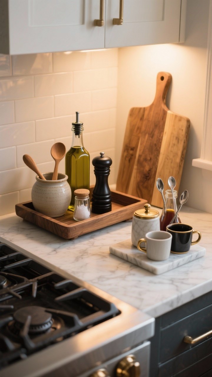 Medium countertop vignette: A curated tray cluster beside the stove on a wood cutting board base—olive oil bottle, salt cellar, pepper mill, and a wooden spoon in a ceramic crock. Include a second small setup as a coffee station on a marble slab: sugar jar, syrups, teaspoons, and two mugs. Mix one natural texture (wood or stone) with one metallic accent (brass or matte black). Warm, cozy ambient lighting; limit each tray to 3–5 items.