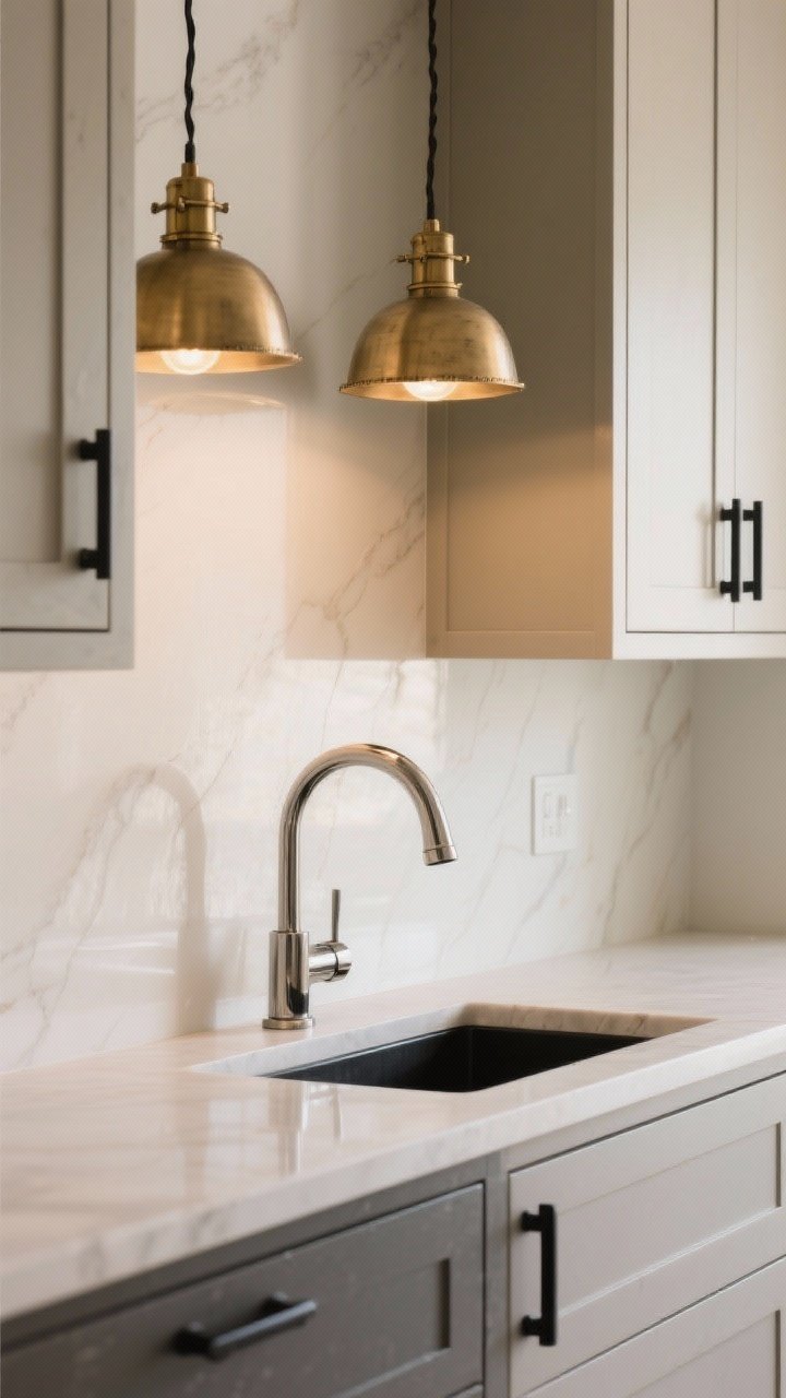 Medium detail shot from a slight angle: Thoughtful mixed metals against beige—brushed brass faucet and pendant lights as the star metal, with matte black cabinet pulls as the supporting accent; or, for a cool greige scene, polished nickel faucet with black accents; keep all cabinet hardware in one finish while lighting provides contrast; neutral backdrop with controlled reflections, soft warm illumination.