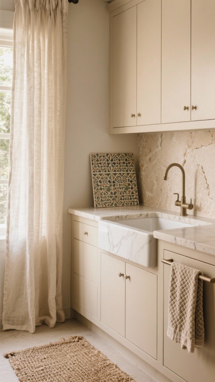 Medium detail shot from a slight corner angle: A beige kitchen vignette layering textures—matte beige cabinet fronts paired with a satin-finish creamy backsplash, honed limestone countertop with subtle veining, and glossy zellige accent tile sample leaning against the wall; include linen cafe curtains filtering morning light, a waffle hand towel draped by the sink, and a small jute rug underfoot; soft, warm light to emphasize tactile contrast.