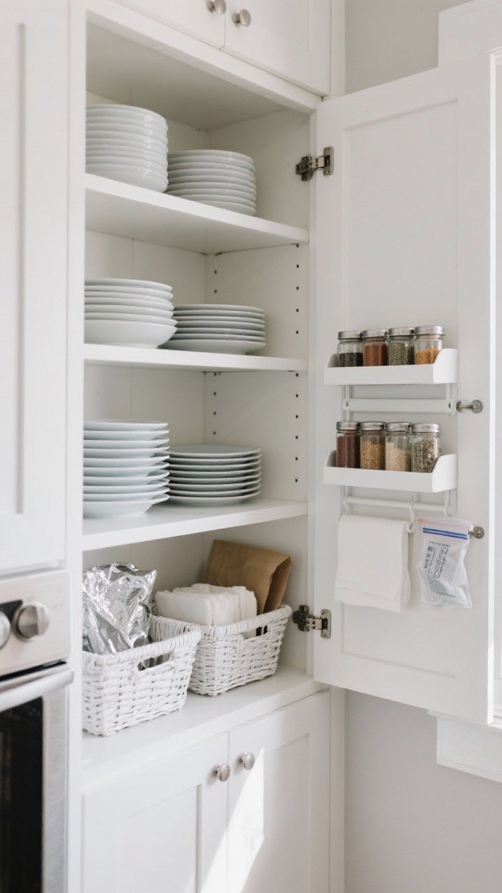 Medium interior cabinet shot from a slight corner angle: tall-shelf cabinet fitted with white shelf risers holding plates and bowls in stable stacks; clip-on under-shelf baskets containing foil, parchment, and napkins; a door-mounted rack for spice jars and zip bags; finishes matched—white risers and baskets on white shelves—for a built-in look; even daylight for clarity.