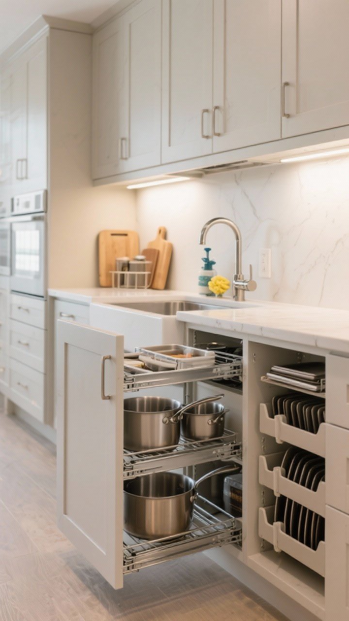 Medium interior view of lower kitchen cabinets with doors open, revealing retrofitted organization: heavy-duty roll-out shelves with soft-close glides holding pots, a U-shaped sink pull-out deftly wrapping around plumbing with sponges and sprays, and vertical tray dividers corralling baking sheets and cutting boards; clean, neutral cabinet interiors; bright task lighting to clearly show contents; mood: practical luxury, everything visible at once