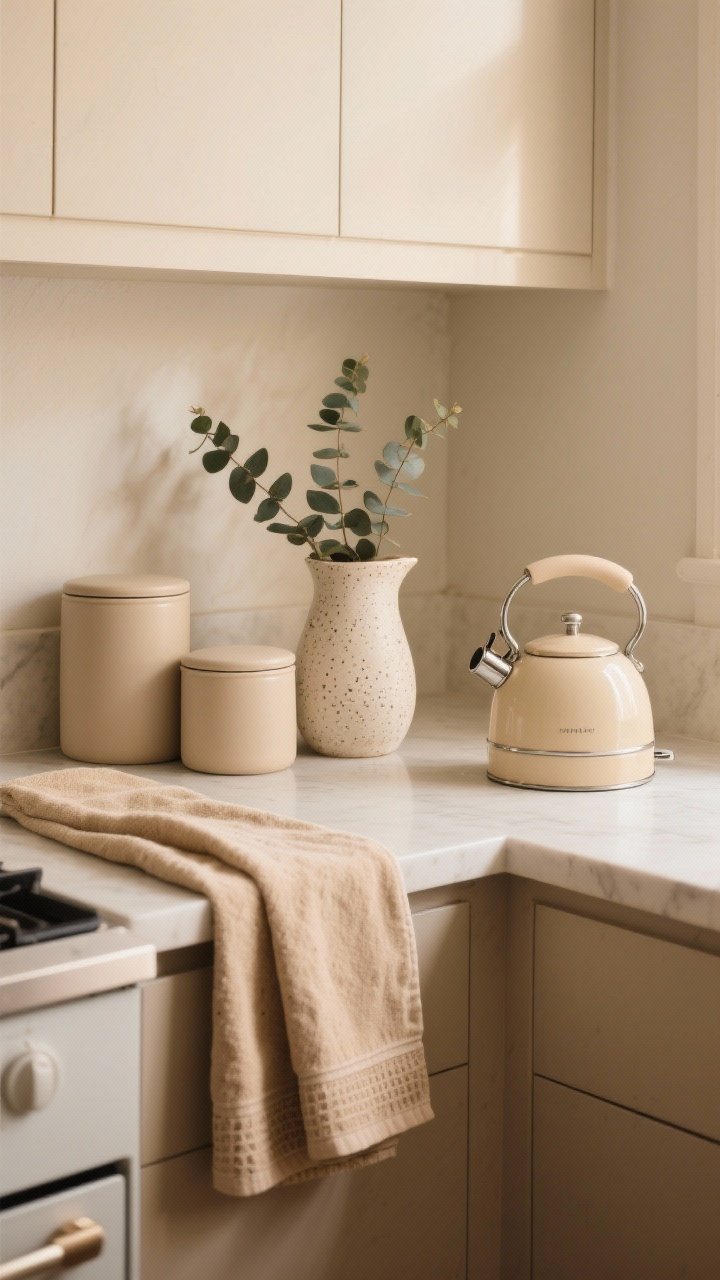 Medium, inviting kitchen corner: a calm, cohesive, slightly luxe beige-styled space featuring several accessories together—matte beige canisters, linen-blend beige towel, warm-beige runner, speckled ceramic pitcher with eucalyptus, and one hero beige retro kettle; soft warm lighting suggests a subtle glow-up; composition implies a step-by-step refresh without remodel; no people, clutter-free.