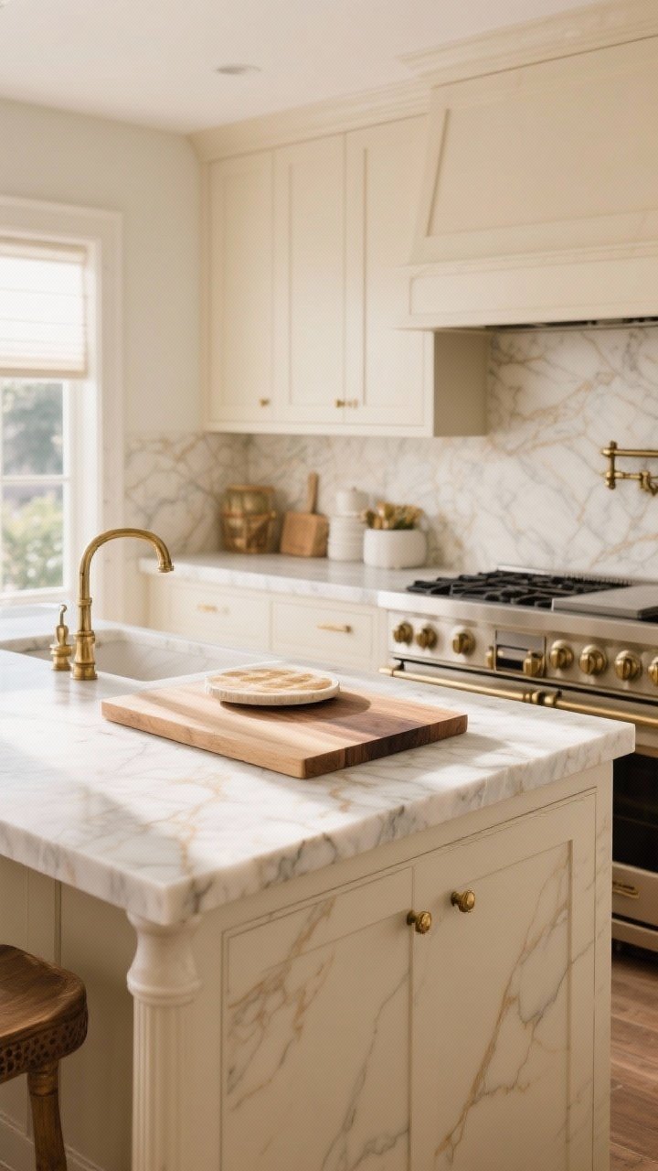 Medium island and counter focus: beige kitchen with Taj Mahal quartzite countertops featuring subtle creamy veining, paired with unlacquered brass hardware; a honed marble pastry slab set on the counter and a small butcher block insert on the island; soft morning light grazing the stone to show veining texture; skip busy patterns, quiet elegance vibe.