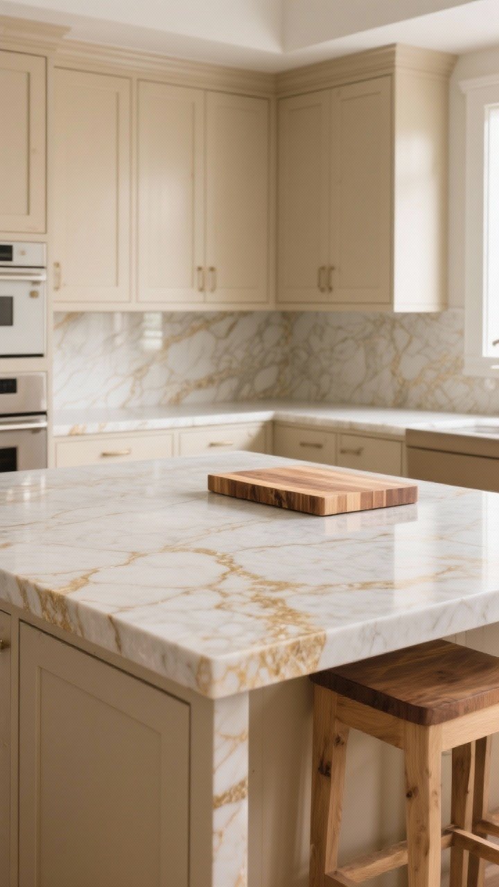 Medium island-focused shot showcasing subtle stone choices: warm beige perimeter cabinets with a quiet, Calacatta Gold–inspired marble-look countertop featuring delicate veining; a thick mitered edge on the island’s warm quartzite slab; butcher block inset on one end of the island for prep; overall palette soft and elegant, with natural daylight and gentle reflections.