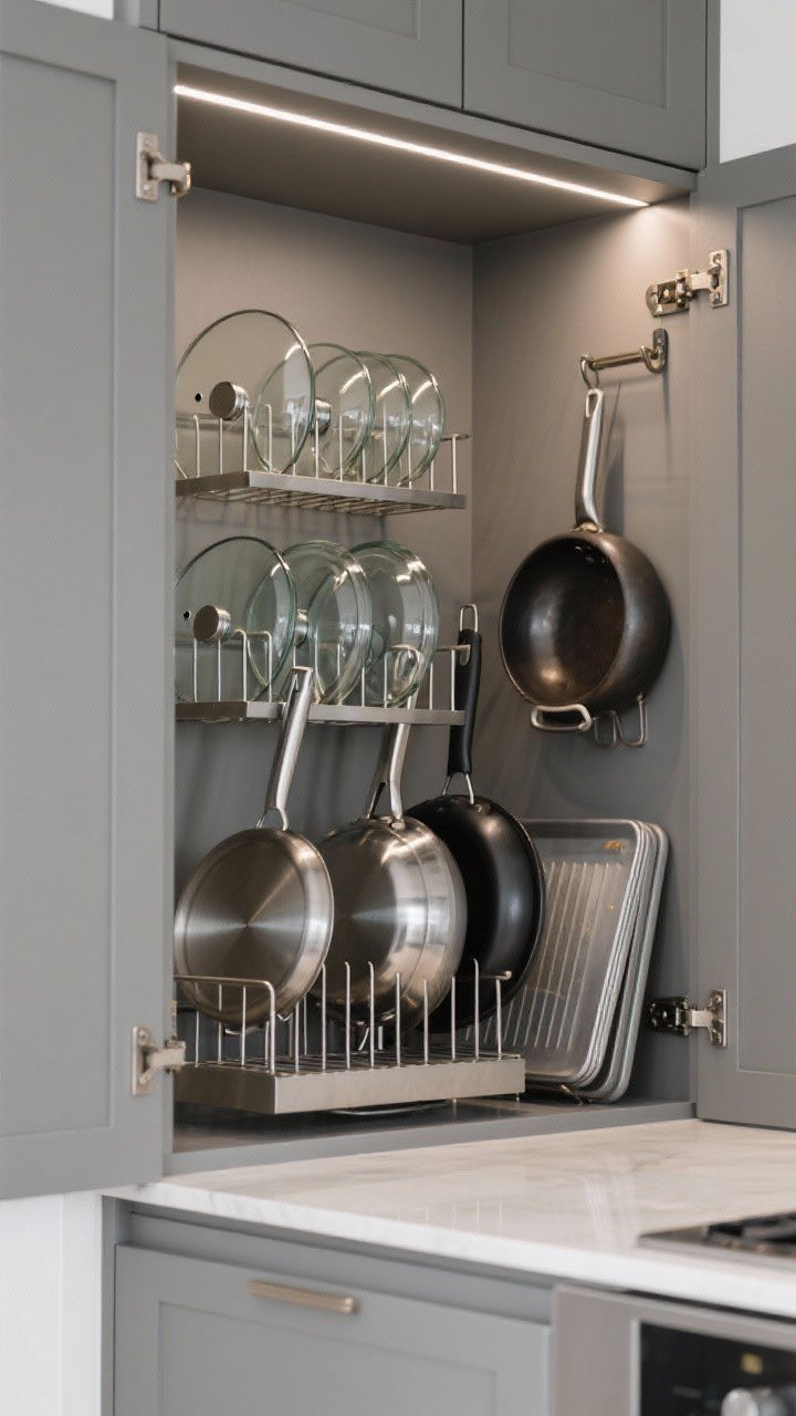 Medium, lower-cabinet interior shot, straight-on, showcasing a cohesive pot, pan, and lid system. Vertical lid racks neatly storing assorted glass and metal lids; adjustable metal dividers separating fry pans and baking sheets; a nearby sturdy wall hook holding a heavy Dutch oven or wok. Matte cabinet interiors, gentle LED strip lighting inside, clean lines, no clutter, metal dividers with subtle sheen.