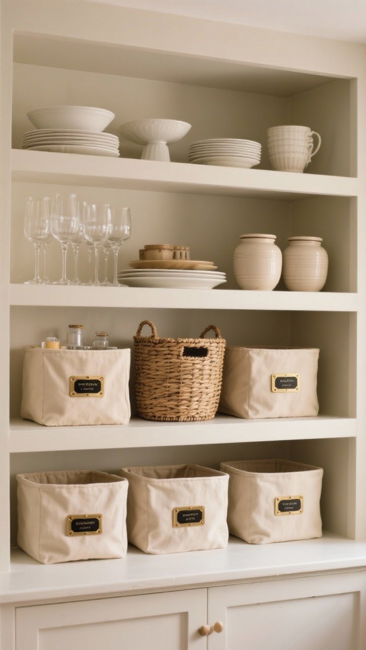 Medium open-shelving composition, straight-on: beige storage solutions neatly styling shelves—fabric bins, rattan baskets, and ceramic jars all in tonal beige; discreet brass and black labels on bins; items grouped in sets of three following the rule of thirds; everyday essentials at eye level, party serveware higher; clean, calm mood with soft side lighting.