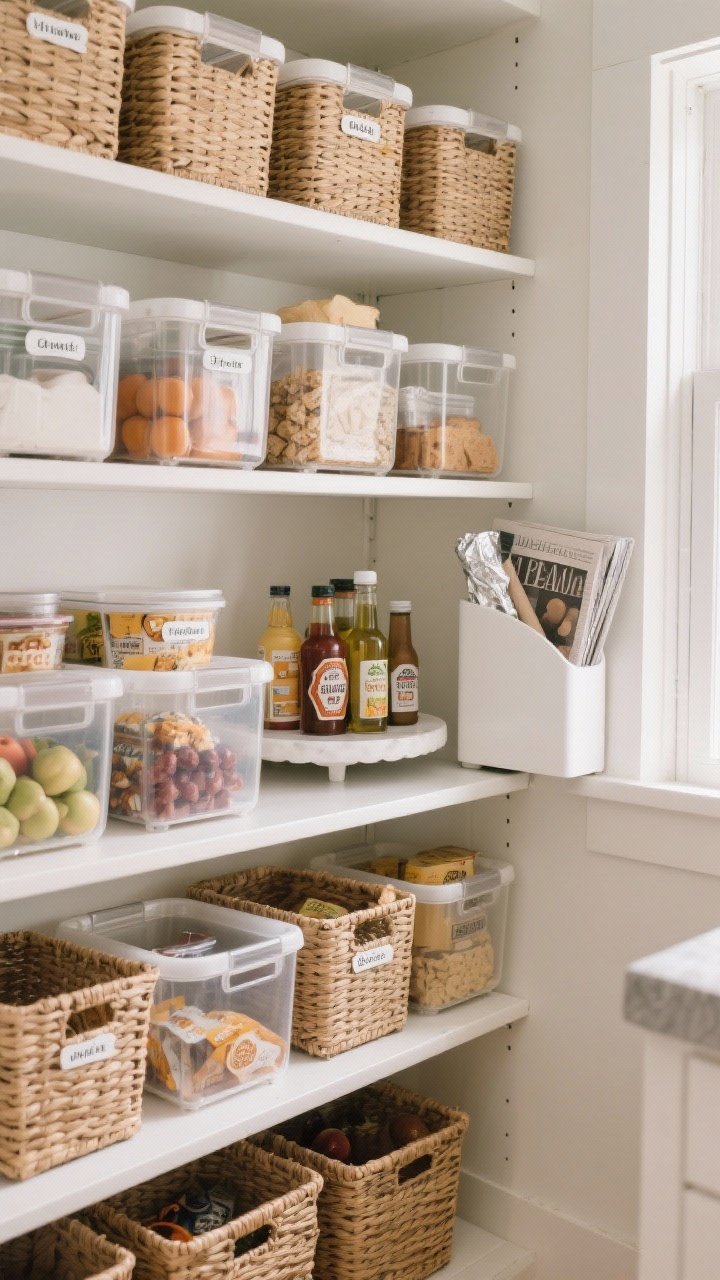 Medium pantry vignette: Uniform plastic and woven bins on open pantry shelves, each labeled and grouping snacks, baking supplies, and breakfast items. Include clear fridge-style bins with produce, a Lazy Susan holding oils and sauces, and a white magazine holder organizing foil and parchment. Soft, diffused daylight; textures of wicker, smooth plastic, and glass read clearly; the mood is calm and orderly.