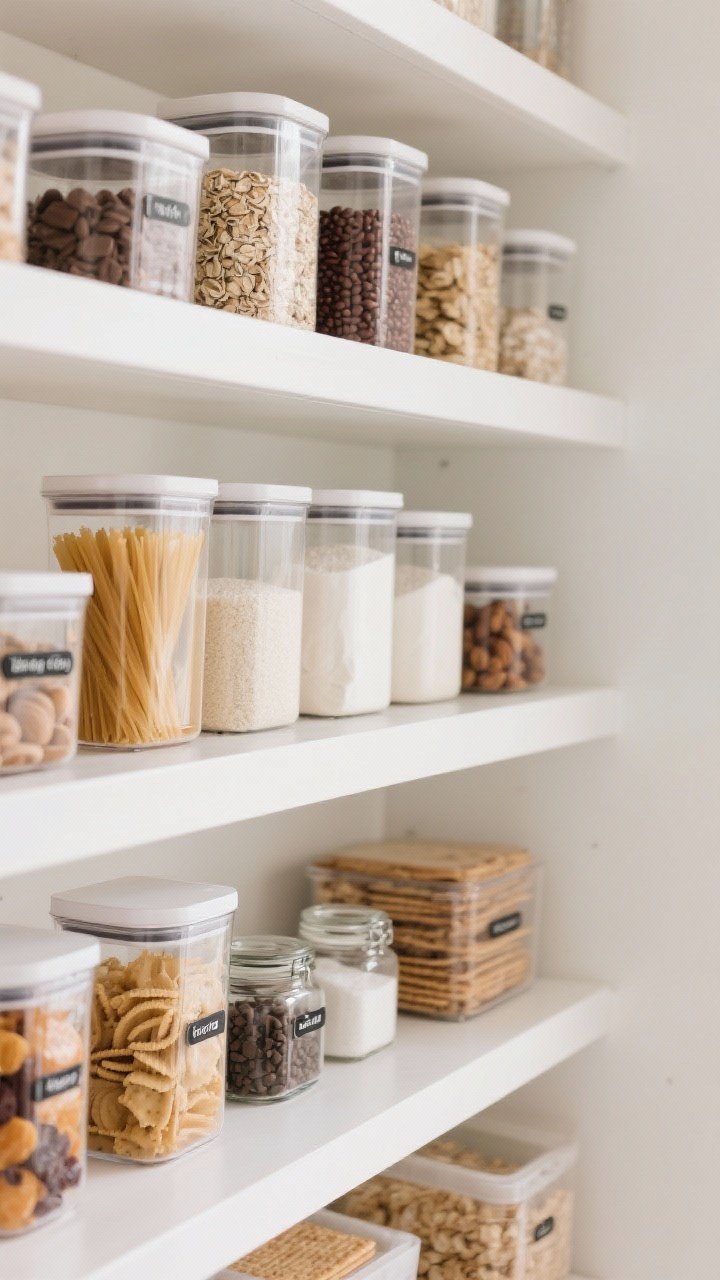 Medium shelf view: Open pantry shelves styled with clear, stackable airtight containers holding pasta, rice, beans, oats, flour, sugar, nuts, crackers, and dried fruit; smaller jars for baking bits like chocolate chips, cocoa, and baking soda. Each container has a small monochrome, lower-corner label in a simple sans-serif font. Clean, white shelving, neutral backdrop, and bright even lighting create a boutique, tidy look.