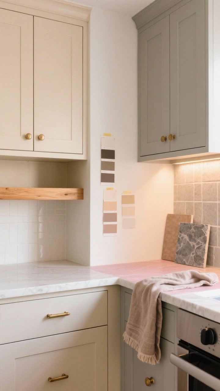 Medium shot: A beige kitchen vignette demonstrating undertone strategy—two zones side-by-side. Left: warm beige cabinets paired with brushed brass hardware, creamy white trim, and honey-toned wood shelves. Right: greige cabinetry with crisp white trim, cool gray stone samples, and black accents. Include paint and tile swatches taped to the wall under mixed lighting (morning sun at one side, warm LED on the other) to show how undertones shift. Add a soft taupe tea towel and mushroom-colored linen on the counter to neutralize a pink-beige countertop sample.