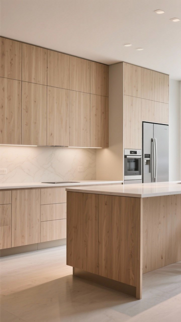 Medium shot: A cabinetry-focused scene showing slab-front cabinets in a fine vertical wood veneer, with razor-thin, perfectly aligned reveals; a recessed toekick casting a soft shadow that makes base cabinets appear to float; a kitchen island wrapped with matching end panels for a tailored look; panel-ready fridge and dishwasher seamlessly integrated; neutral, even lighting to emphasize clean lines and precision.