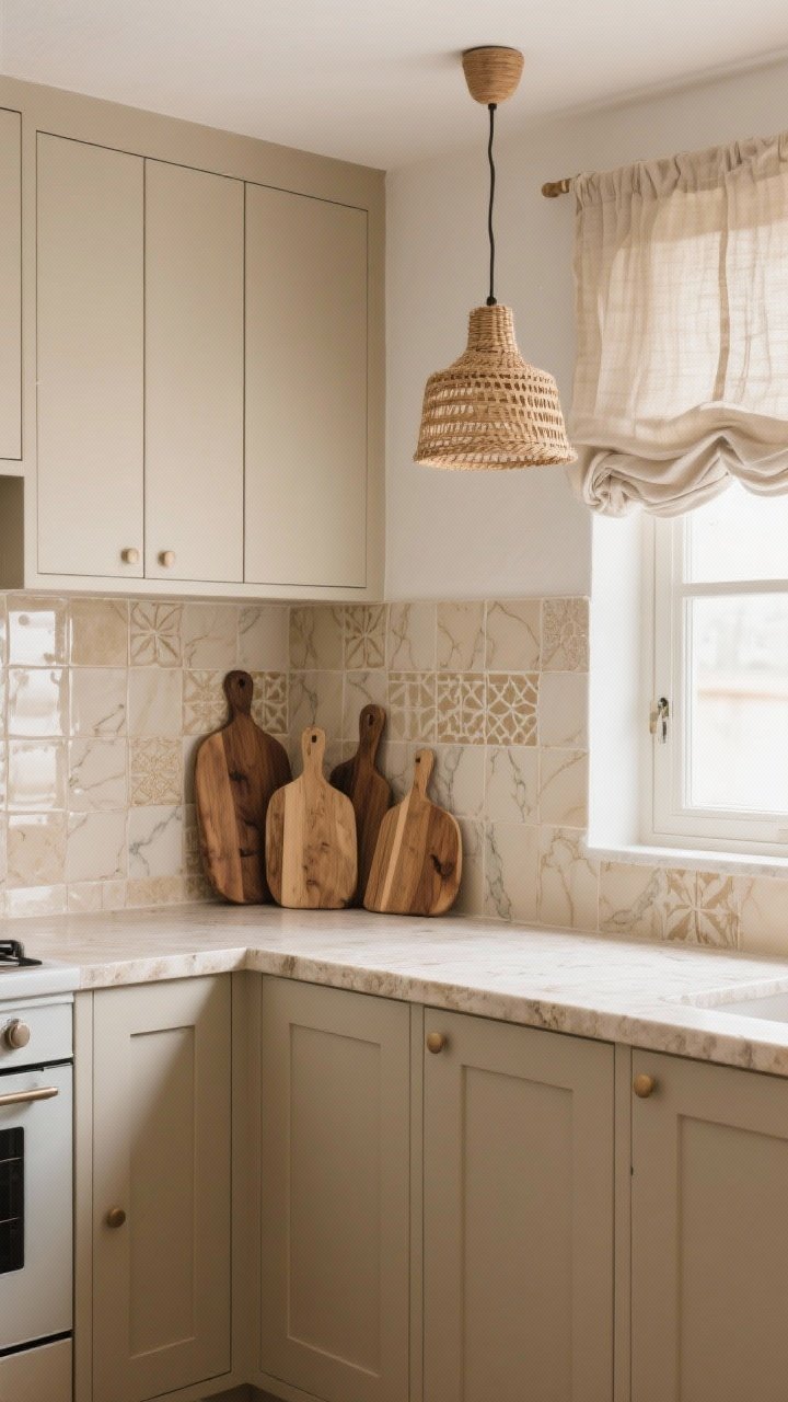 Medium shot: A compact beige kitchen vignette layering textures—matte beige cabinet fronts, subtly veined creamy stone-look countertop, softly textured Zellige-style ceramic backsplash in sand. Add woven rattan pendant lights, linen cafe curtains, and a cluster of wood cutting boards. Mix finishes: matte cabinetry, satin paint on walls, a glossy glazed tile reflecting gentle light. Soft natural window light for depth, photorealistic.