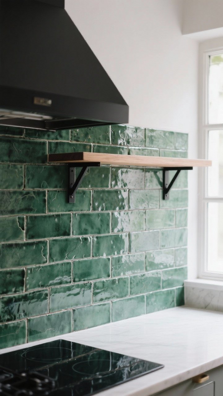 Medium shot: A contemporary kitchen wall clad in hand-glazed Zellige tiles stacked vertically, tone-on-tone grout; choose a moody green field with subtle variation and gentle sheen that bounces soft daylight from a nearby window; slim black shelf brackets with a thin wood shelf above the range. Focus on the tactile, imperfect tile surface and subtle shine; photorealistic, three-quarter angle, cozy-modern ambiance.