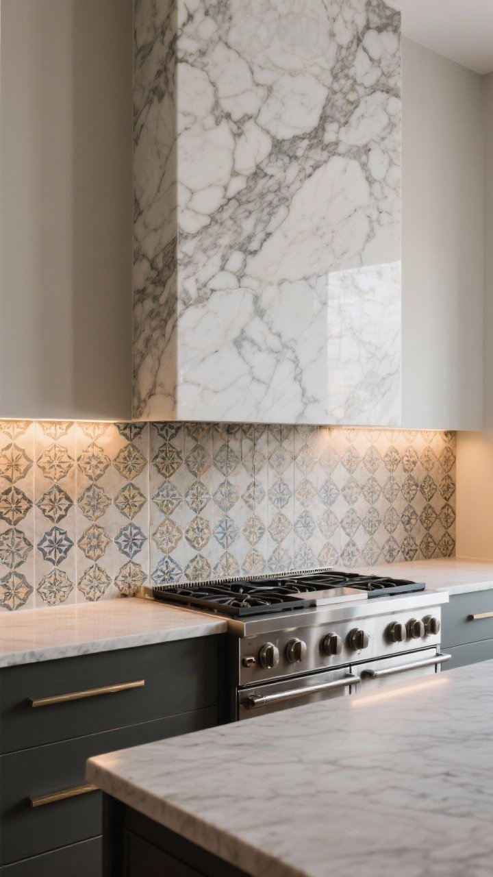 Medium shot: A dramatic statement backsplash behind a range, featuring a full-height marble-look slab that matches the countertop, extending seamlessly up the wall; adjacent section showcases a run of handmade zellige patterned tiles with subtle variation; near the range, a brushed stainless panel adds a professional touch; warm under-cabinet lighting grazes the textures; keep other walls simple to emphasize a feature-wall effect.