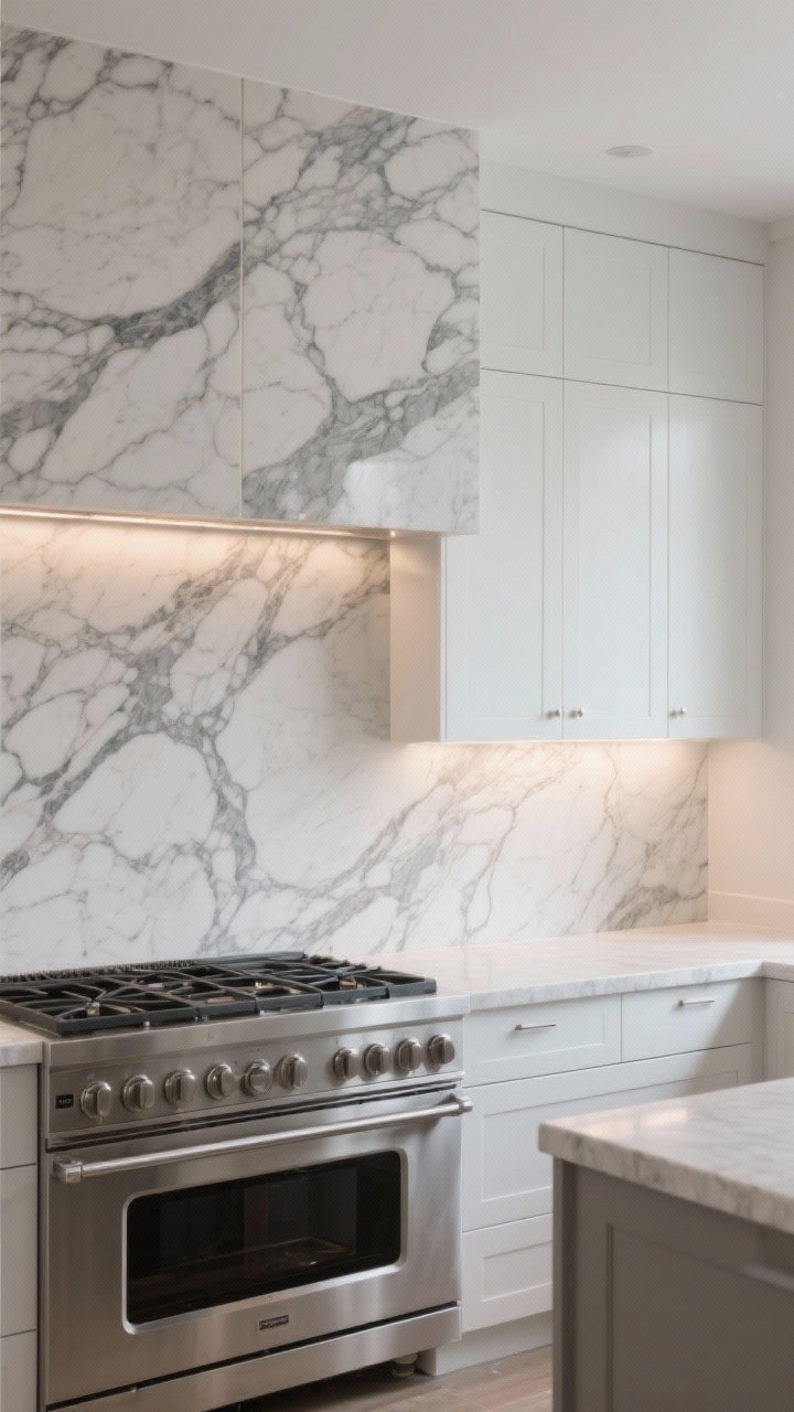 Medium shot: A full-height honed marble-look slab backsplash with dramatic veining bookmatched behind the stove, seamlessly paired with a matching countertop; matte finish softens reflections for a sophisticated texture, minimal seams for clean lines, stainless range and simple white cabinetry frame the luxurious slab under soft, diffused under-cabinet lighting.