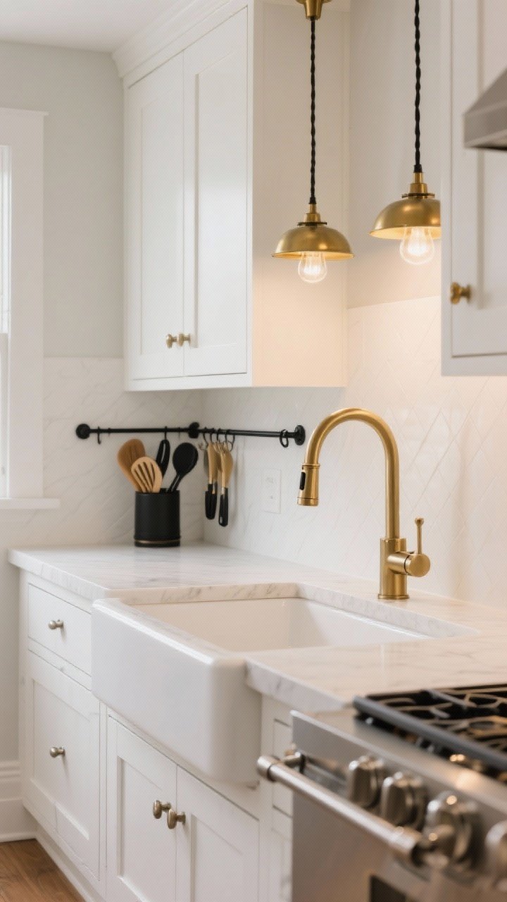 Medium shot: A kitchen vignette showcasing mixed metals—dominant brushed nickel hardware on white shaker cabinets, with brass accent pendants and a brass pull-down faucet; matte black details subtly present on a utensil rail; cohesive finishes within the sink and prep zone; soft ambient lighting, photorealistic.