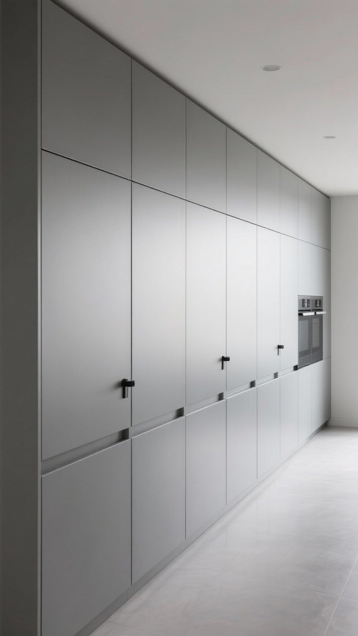 Medium shot: A modern handleless kitchen wall in matte soft gray with J-pull cabinet profiles and a long run of doors that appear flush; some doors open via touch-latch, while a few have tiny micro pulls in matte black, all finishes perfectly consistent; straight-on view highlighting uninterrupted surfaces, subtle reflections, and a serene, high-end minimal look with neutral lighting.