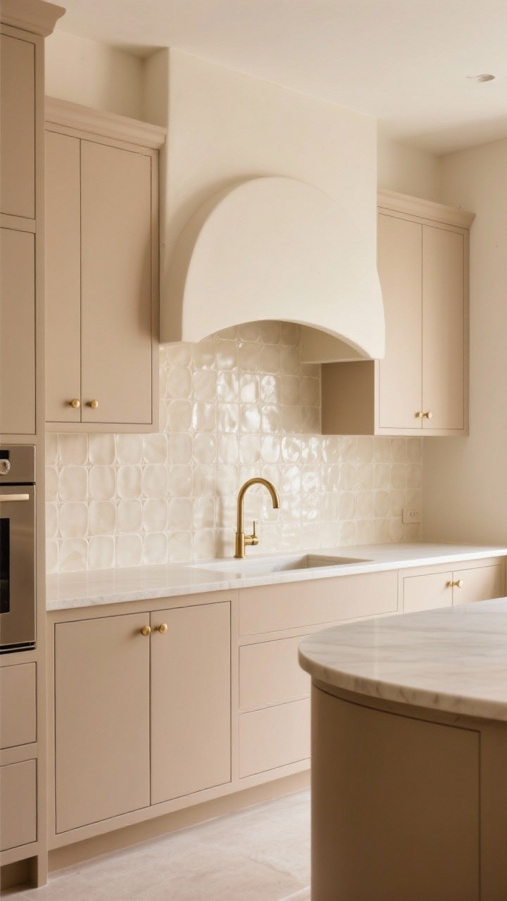 Medium shot: A monochrome beige kitchen vignette with cabinets in warm mushroom, walls painted soft ecru, and a cream zellige tile backsplash shimmering with tonal variation; cohesive brushed brass hardware and faucet, rounded island corners and an arched hood adding gentle curves; soft, even lighting for a luxurious tone-on-tone look.