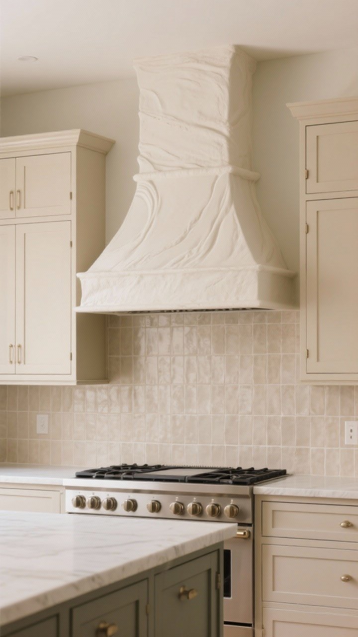 Medium shot: A single focal point range wall—beige cabinetry framing a tall tile feature running to the ceiling behind the range in tone-on-tone neutral tiles, with a sculptural plaster hood in soft warm white. Keep the island quiet in beige so the range wall sings. Diffused daylight emphasizing the statement without bold color.
