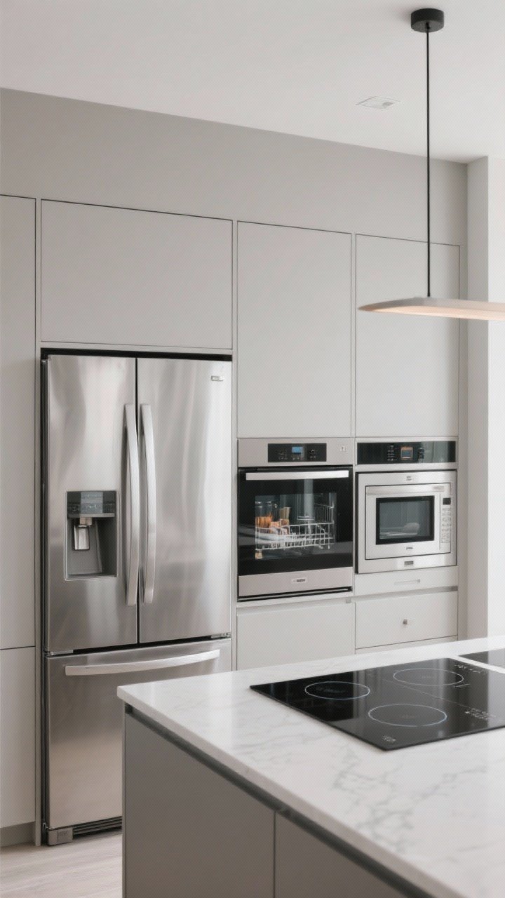 Medium shot: A sleek appliance wall showcasing a panel-ready dishwasher disappearing behind matching cabinetry, a stainless French-door fridge with organized interior visible, an induction cooktop flush with the counter, and a compact steam oven stacked neatly; include a 24–30" range alternative and a discreet drawer microwave in the island; clean, streamlined lines and quiet, modern finishes.