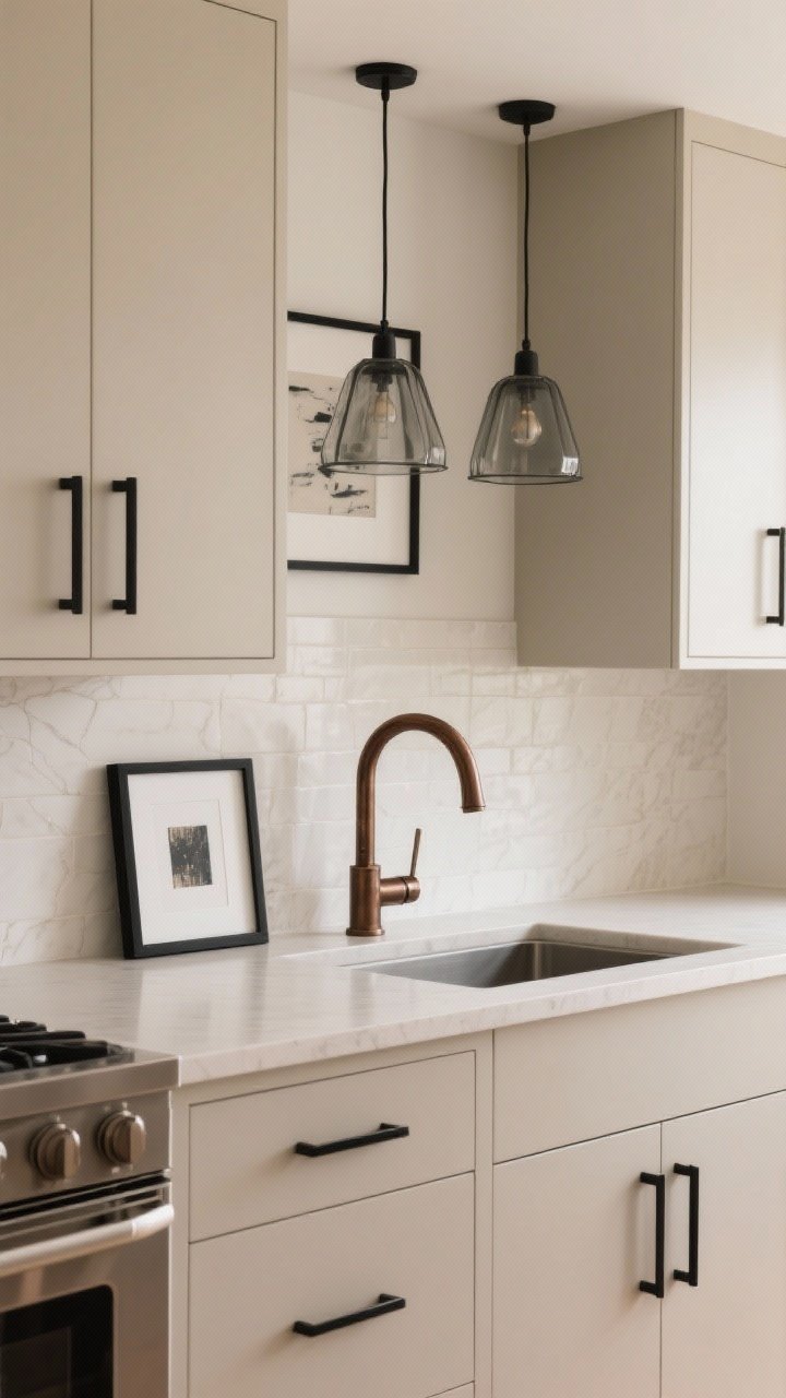 Medium shot: A soft beige kitchen vignette highlighting high-contrast features—matte black linear cabinet pulls on greige cabinetry, an oil-rubbed bronze bridge faucet with crisp angles over a simple light countertop, and a pair of smoked glass pendants above; a small black-framed art piece leaned on the backsplash to repeat the dark accents; balanced composition with clean, simple counters and backsplash, photorealistic.