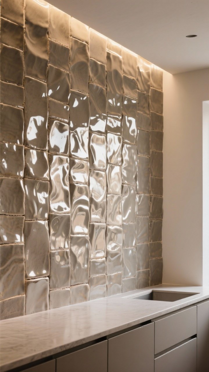 Medium shot: A wall of hand-cut Zellige tiles in a rich neutral glaze, vertical stacked layout for a modern twist; glossy rippling faces reflect under-cabinet lighting differently on each tile, matching grout allows the artisanal texture and shimmer to take center stage, paired with understated cabinetry and counters.