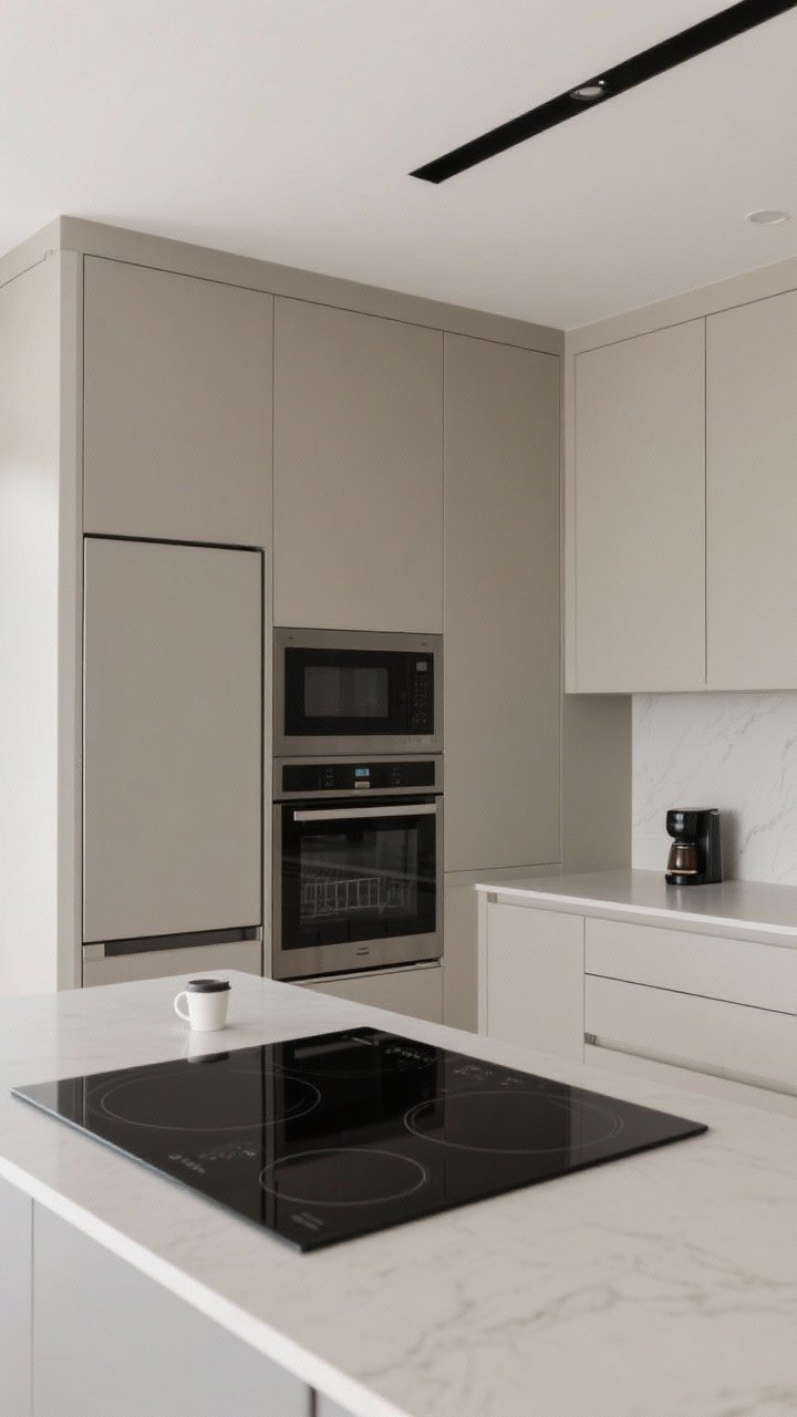 Medium shot: Appliance-focused composition with panel-ready fridge and dishwasher disguised behind matching cabinetry, a sleek black glass induction cooktop lying perfectly flush on a calm counter, and a wall oven stacked neatly with a drawer microwave below; counters largely clear except for a single-cup coffee maker; straight-on angle, neutral lighting emphasizing tidy sightlines.