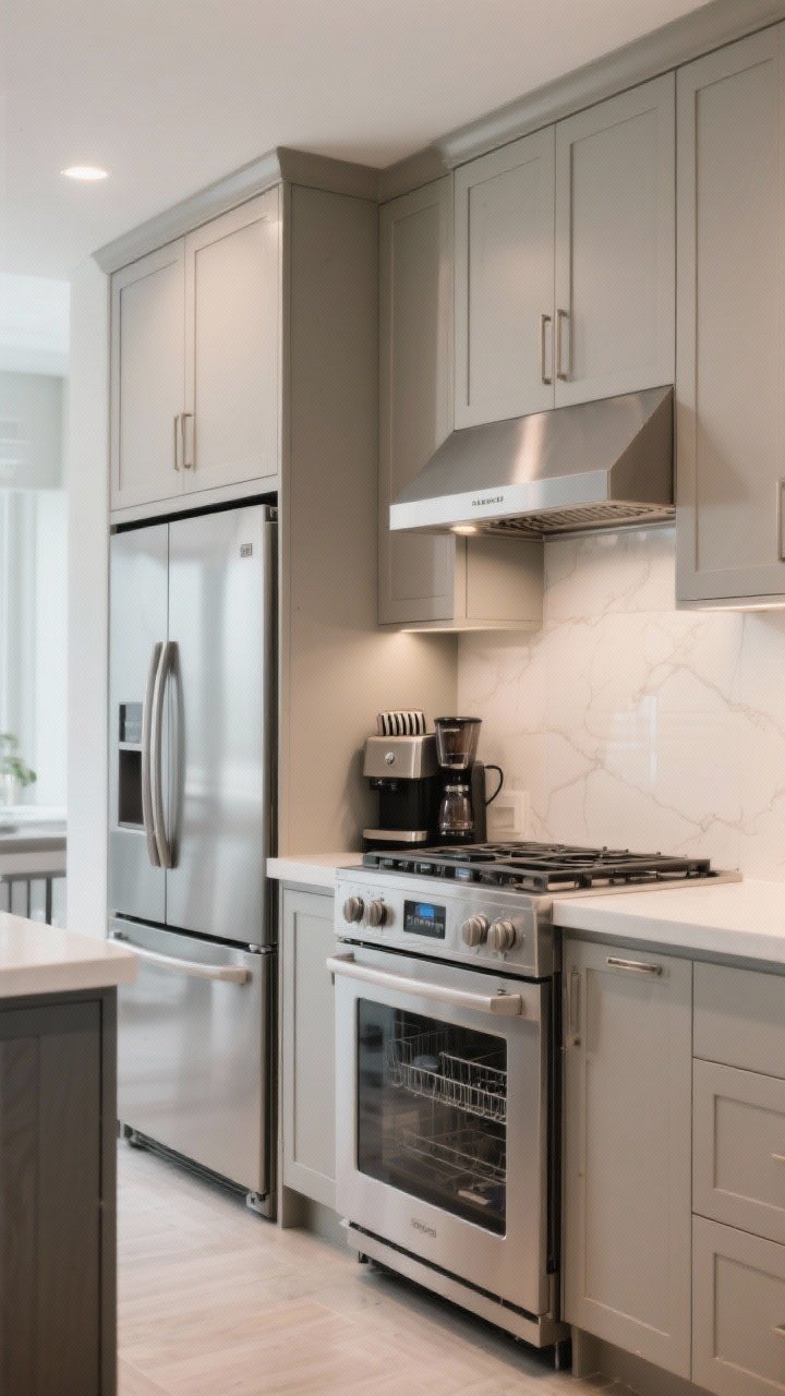 Medium shot: Appliances that feel built-in—panel-ready dishwasher and refrigerator blending with cabinetry, a counter-depth fridge nested in a custom surround with upper cabinets, an appliance garage with lift-up door hiding a toaster and espresso machine; sleek induction cooktop and a quiet, vented range hood; clean, modern lighting; photorealistic.