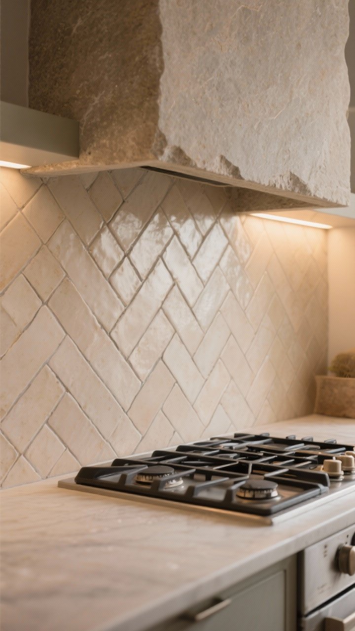 Medium shot: Backsplash character without noise—a tone-on-tone zellige in soft beige laid in herringbone with slightly darker grout, continuous stone slab behind the cooktop up a short height for contrast. Calm palette, visible glaze variation on tiles. Side angle with warm ambient lighting to bring out depth.