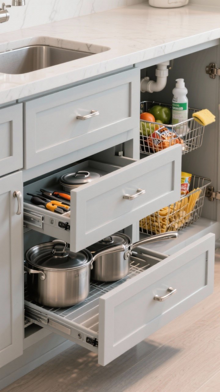 Medium shot: Base cabinet with fully extended pull-out shelves and roll-out trays. Two-tier pull-out shows pots on the bottom and lids plus small tools on a shallow top tier; adjacent under-sink cabinet reveals a U-shaped pull-out wrapping around plumbing with cleaners and sponges; in a pantry, retrofit pull-out wire baskets neatly hold produce, snacks, and pasta. Brushed nickel hardware, light gray cabinet interiors, soft diffused task lighting under counters, photorealistic detail of glides and basket texture.
