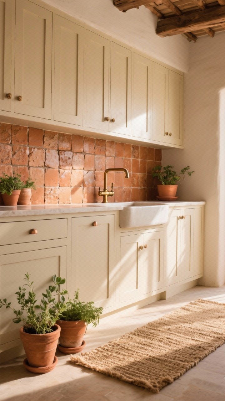 Medium shot: Beige cabinetry paired with a terracotta feature—handcut terracotta backsplash tiles with tumbled, textured finish; a few terracotta planters with herbs; jute rug runner along the floor; warm metals like an aged brass or copper pot rail and faucet; sun-washed, Mediterranean warmth with late-afternoon glow; angled perspective for depth