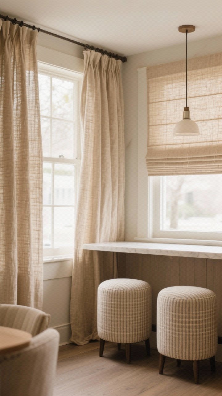 Medium shot: Beige-friendly textiles—cafe curtains in textured linen with a warm oat tone, a roman shade in sandy flax, and upholstered counter stools in performance fabric with tiny pinstripes/micro-checks; tonal beige-on-beige layers feel intentional and cozy; soft natural light highlights weave and pattern without overpowering.
