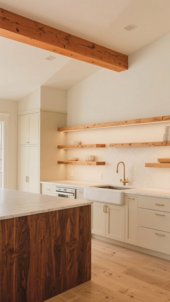 Medium shot: Beige kitchen with warming wood tones—white oak open shelving with integrated hidden lighting, a deeper-stained walnut island base contrasted against lighter beige perimeter cabinets, and a single exposed wood ceiling beam; avoid orange tones; neutral daylight with a slight warm cast; angled view from island toward shelves to highlight the wood interplay.