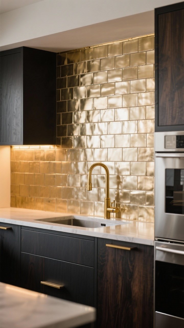 Medium shot: Brushed metallic tile backsplash in champagne/brass mosaic sheets, diffused reflective finish avoiding harsh glare; paired with charcoal base cabinets and dark wood accents; warm under-cabinet lighting grazing the tiles to create a gentle glow; limited mixed metals (brass hardware with stainless appliances), straight-on close framing, photorealistic.