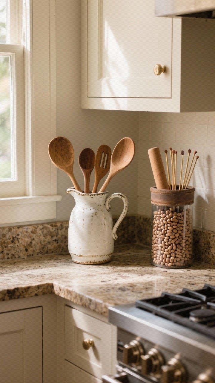 Medium shot, by-stove vignette: A glazed ceramic vase and a vintage white pitcher corralling wooden spoons, ladles, and spatulas; a tall planter in the pantry corner holding rolling pins and skewers stabilized with dried beans; soft warm afternoon light, subtle stone countertop texture, earthy tones and intentional styling that looks chic and sturdy.