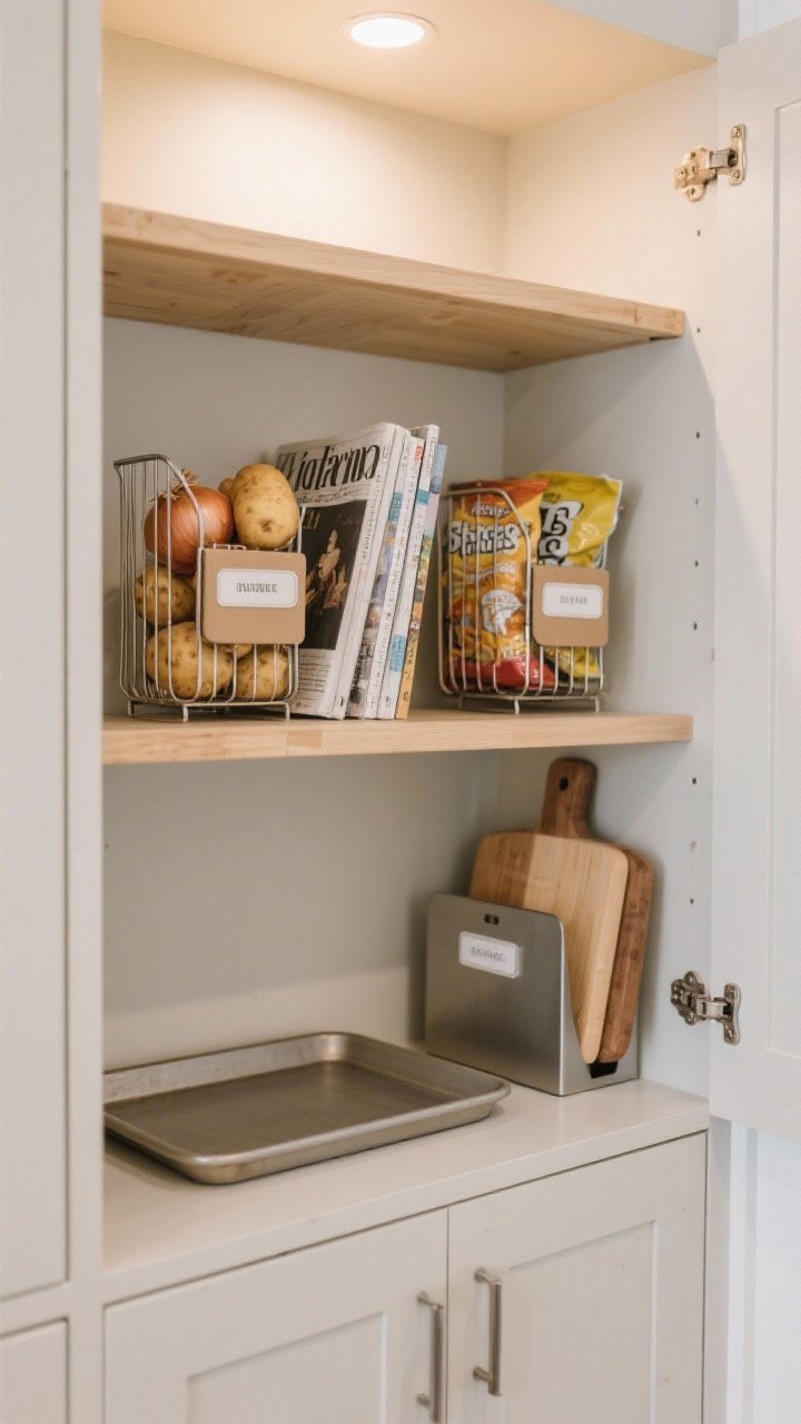 Medium shot, cabinet interior angle: A pantry shelf with two metal magazine holders—one upright storing potatoes and onions, another on its side corralling pouch snacks—plus a third magazine file in a base cabinet standing cutting boards and a sheet pan; labeled spines facing outward for easy ID; matte cardboard and brushed metal textures, neutral labels, soft overhead pantry lighting, light wood shelving and clean, organized feel.
