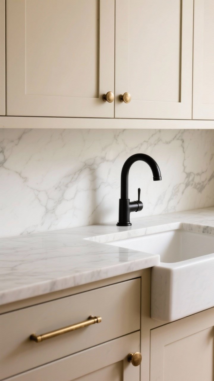 Medium shot: Cabinet wall detail showcasing mixed metals—brushed brass drawer pulls and knobs on beige cabinetry, a soft black faucet at a white-veined sink, and matching black hinges. Include a statement arched pull on a large drawer and a long pull on a wide base cabinet. Warm, even lighting that highlights the finishes without hot spots.